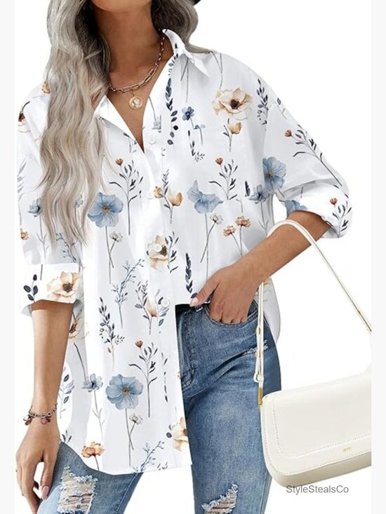 Tops - Oversized Drop Shoulder Button Down Shirt with Pockets Long Sleeve Blouse